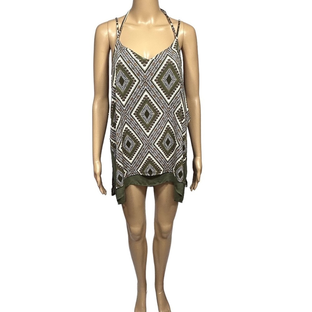 Anthropologie Naïf Cami M Green/Brown Abstract Print Lagenlook High-Low Hem